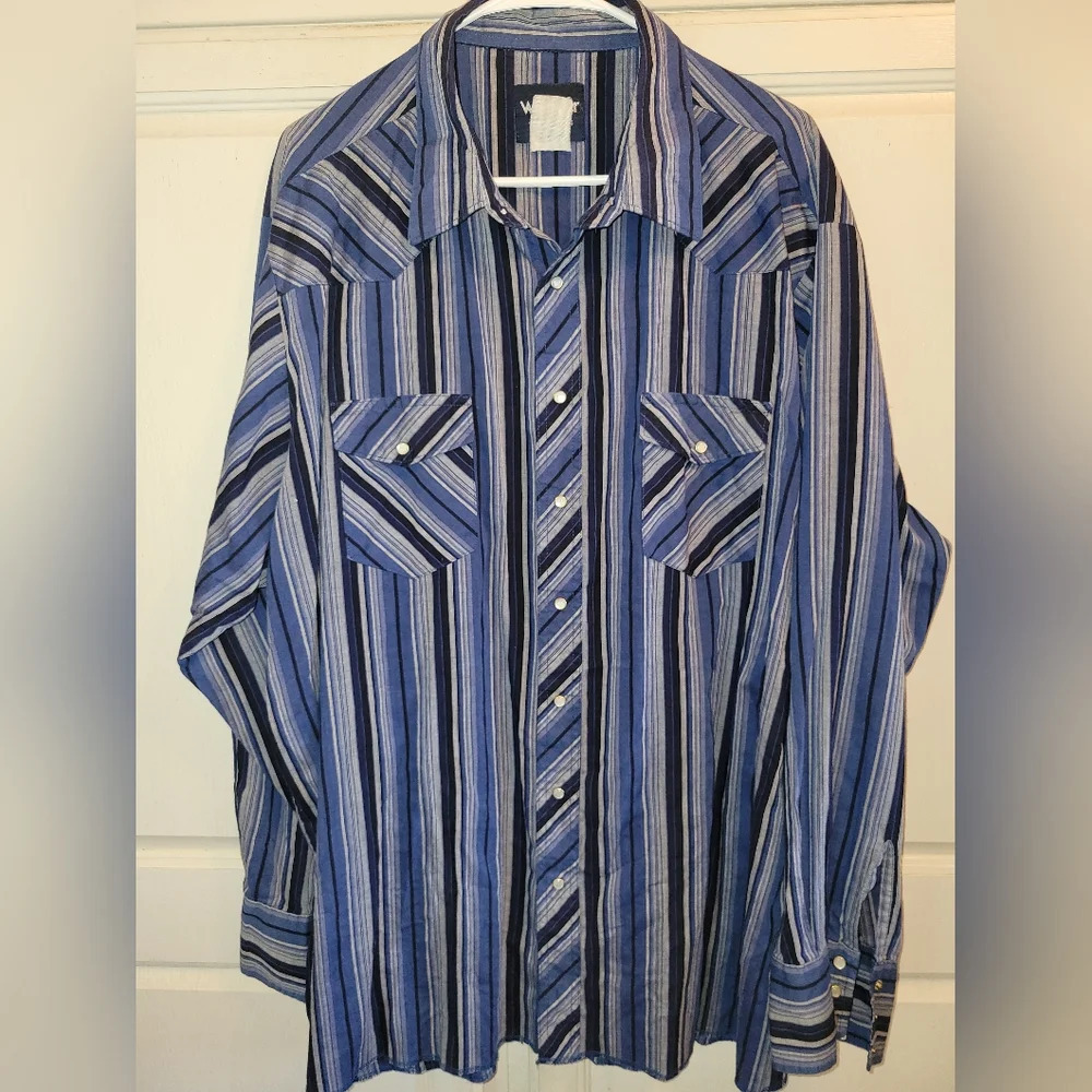 Vintage Wrangler Black & Blue Striped Western Pearl Snap Men's Shirt - Picture 2 of 6